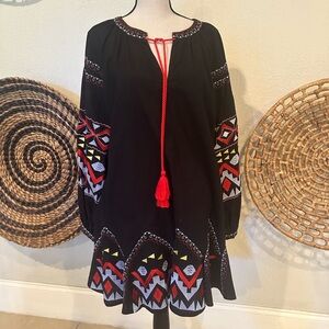 Bohemian Embroidered Black Dress with Red Accents